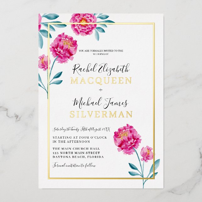 Elegant Modern Pink Teal Floral Border Wedding (Front)