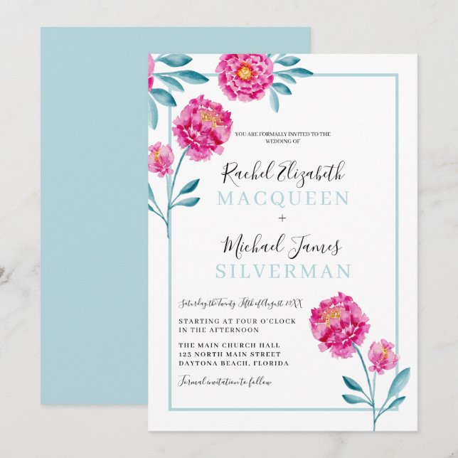 Elegant Modern Pink Teal Floral Border Wedding Invitation (Front/Back)