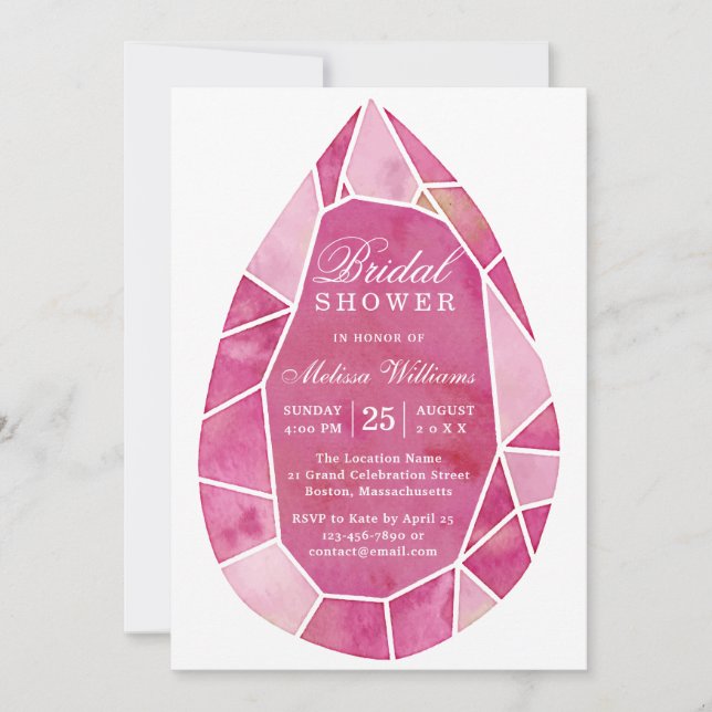 Elegant Modern Pink Watercolor Gem Bridal Shower Invitation (Front)