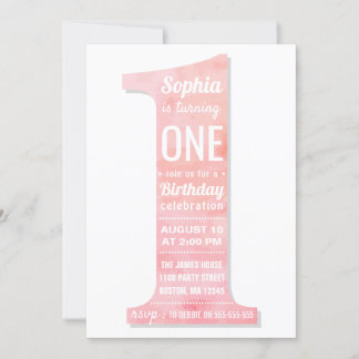Elegant Modern Pink Watercolor Girl First Birthday Invitation