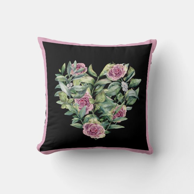 Elegant Modern Pink Watercolor Roses Heart Cushion (Front)