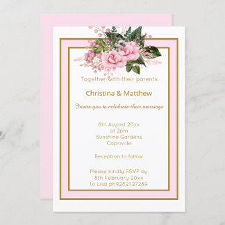 ELEGANT MODERN PINK WHITE GOLD FLORAL WEDDING INVITATION