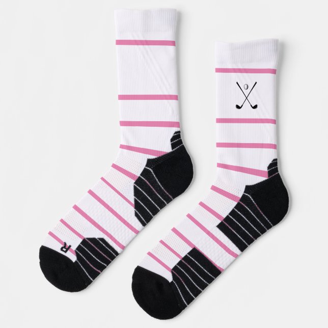 Elegant Modern Pink White Stripe Golf Golfer Socks (Left)