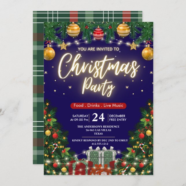 Elegant Modern Plaid Green Christmas Party  Invitation (Front/Back)