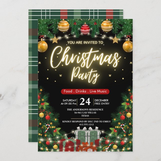Elegant Modern Plaid Green Christmas Party  Invitation (Front/Back)
