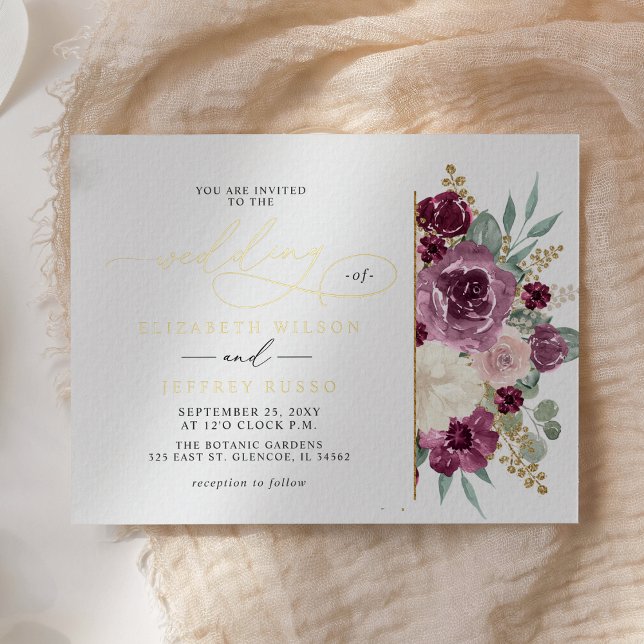 Elegant Modern Plum Gold Botanical Floral Wedding (Elegant Modern Plum Gold Botanical Floral Wedding Foil Invitation)