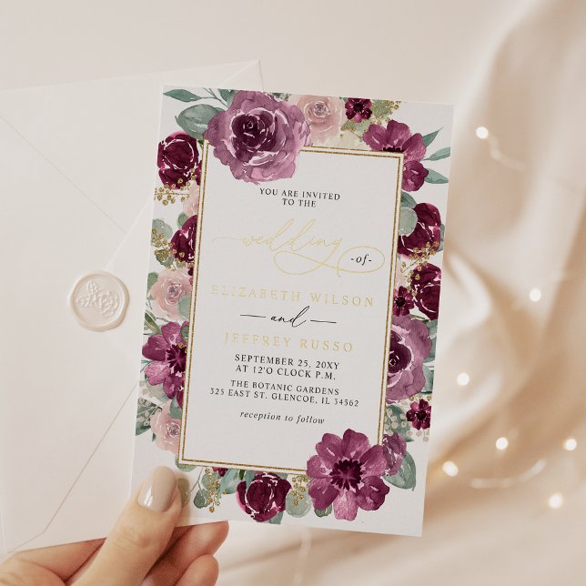 Elegant Modern Plum Gold Botanical Floral Wedding (Elegant Modern Plum Gold Botanical Floral Wedding Foil Invitation)