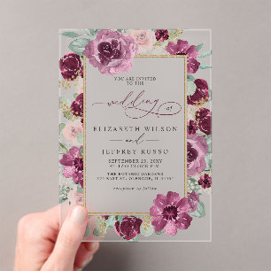 Elegant Modern Plum Gold Botanical Floral Wedding Acrylic Invitations