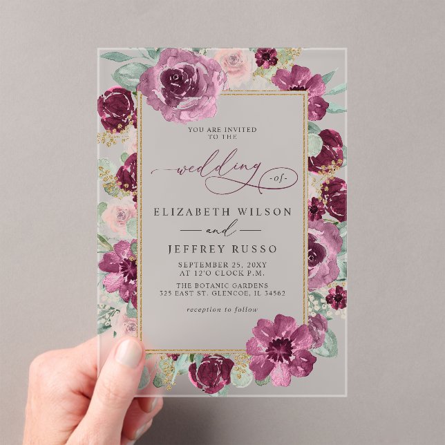 Elegant Modern Plum Gold Botanical Floral Wedding Acrylic Invitations (Insitu (Handheld))