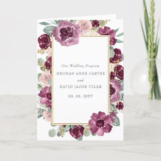 Elegant Modern Plum Gold Botanical Floral Wedding Programme