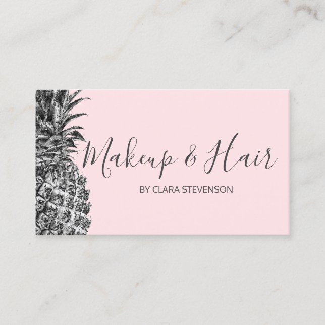Elegant modern pretty silver pink pineapple makeup business card (Front)