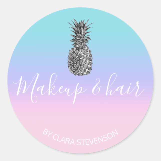 Elegant modern pretty silver pink pineapple makeup classic round sticker (Front)