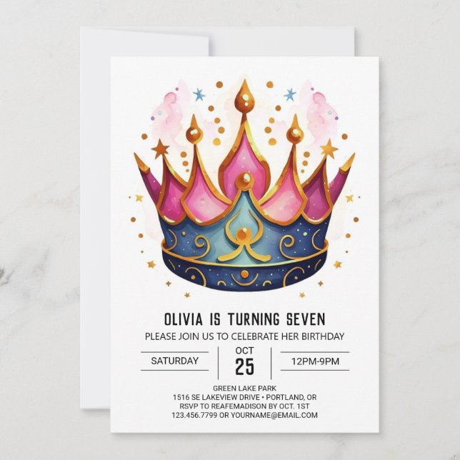 Elegant Modern Princess Crown Birthday Invitation (Front)