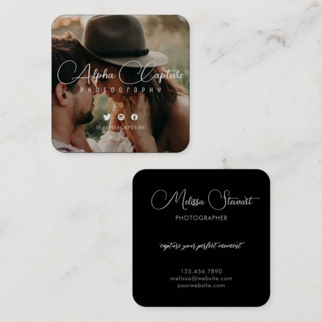 Elegant Modern Professional Script Photography Square Business Card (Front/Back)