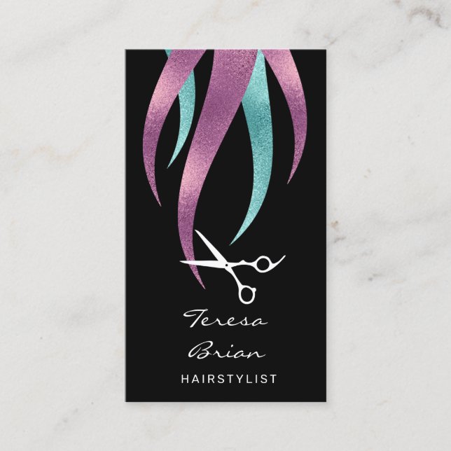 Elegant modern purple & blue scissors hairstylist business card (Front)