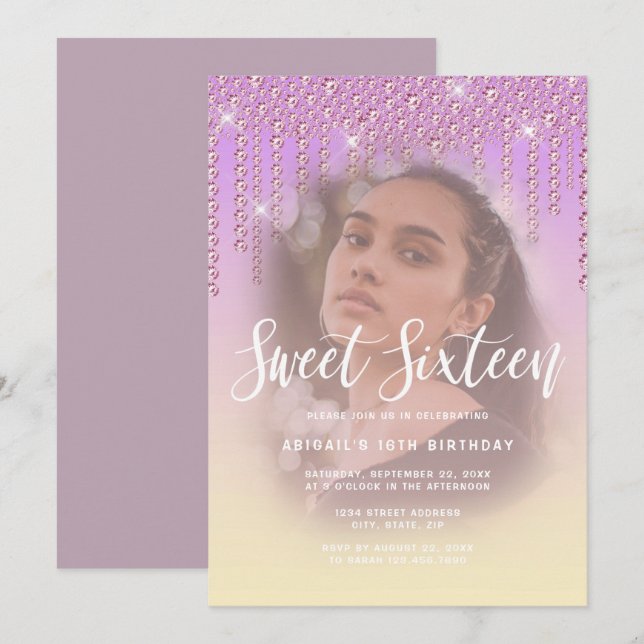 Elegant modern purple diamond drips sweet sixteen invitation (Front/Back)