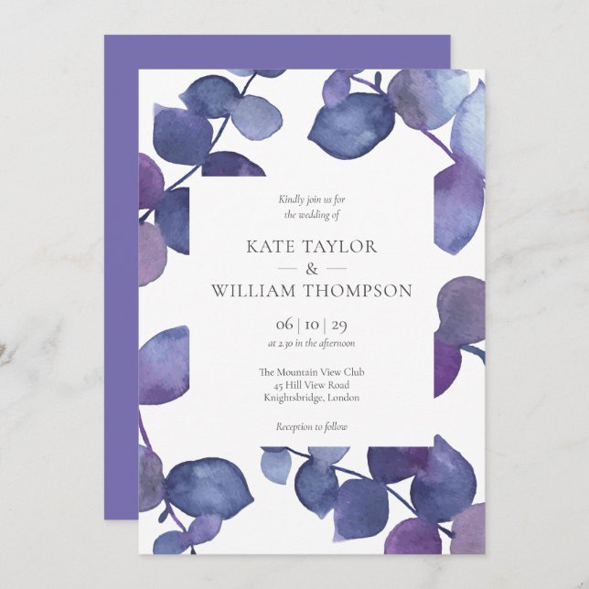 Elegant Modern Purple Eucalyptus Floral Wedding Invitation (Front/Back)