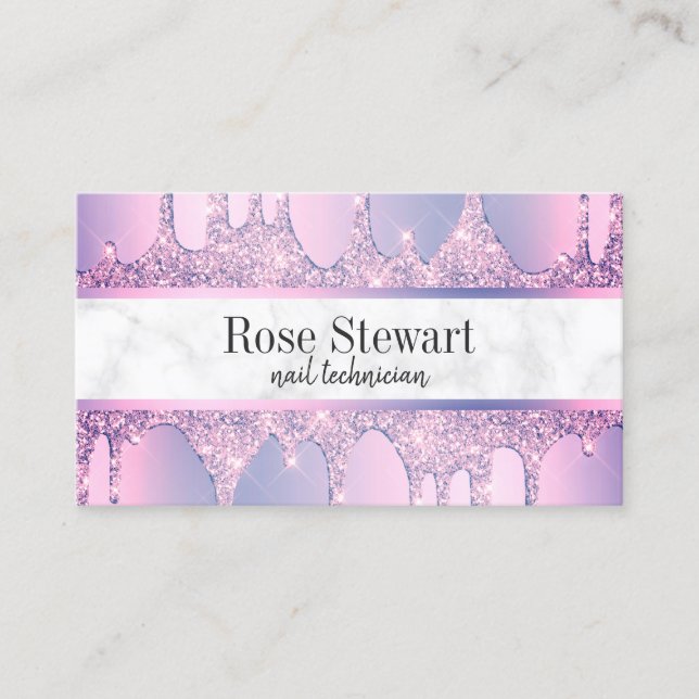 Elegant modern purple glitter drips nails business card (Front)