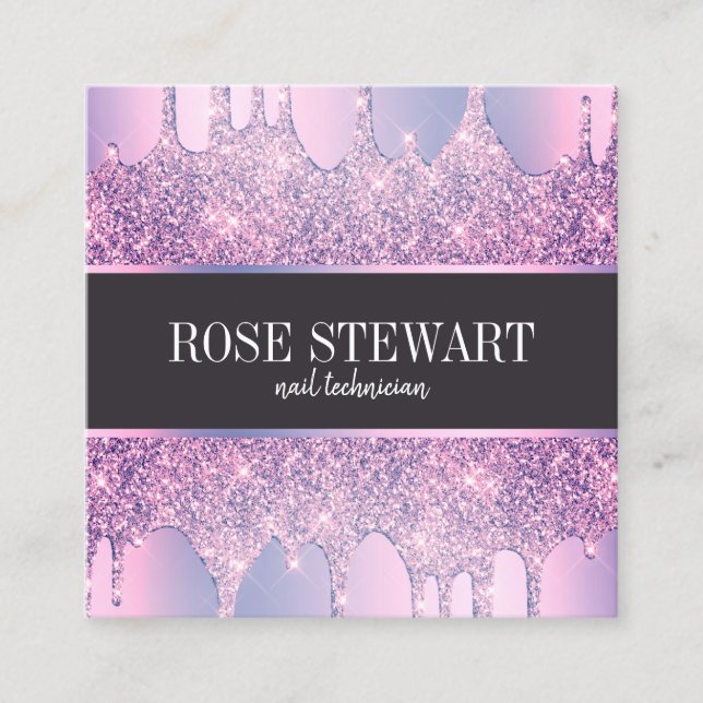 Elegant modern purple glitter drips nails square business card (Front)