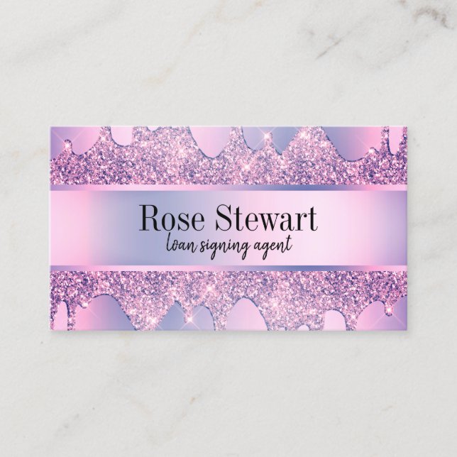 Elegant modern purple glitter drips notary business card (Front)