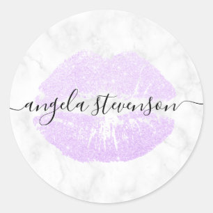 Elegant modern purple glitter lips white marble classic round sticker