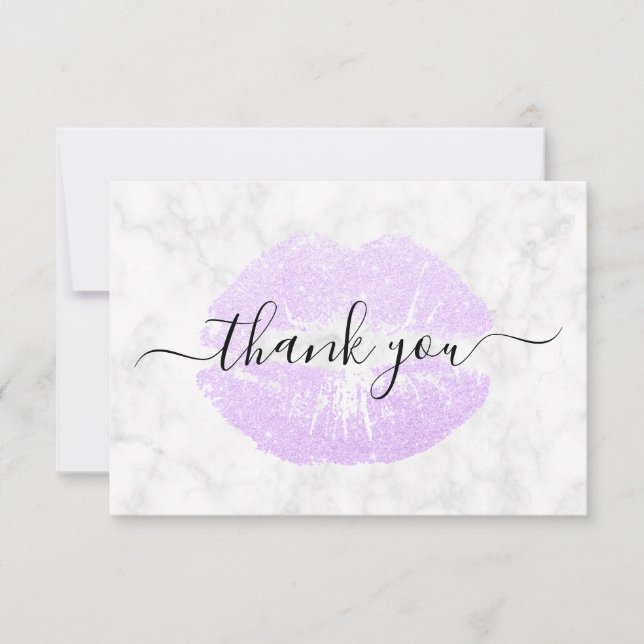 Elegant modern purple glitter lips white marble thank you card (Front)