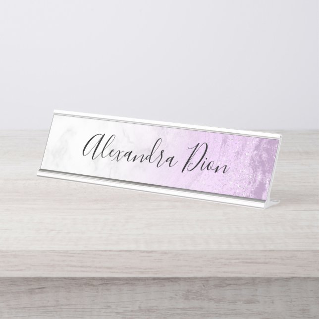 Elegant modern purple glitter white marble desk name plate (Front)