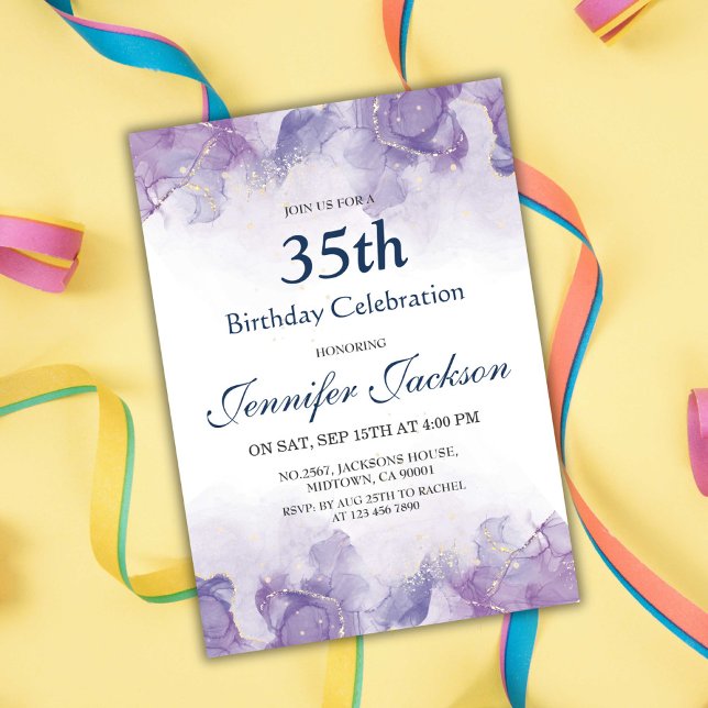 Elegant modern purple & gold floral 35th birthday invitation (Creator Uploaded)