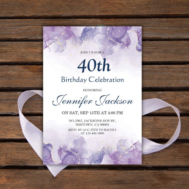 Elegant modern purple & gold floral 40th birthday invitation (Creator Uploaded)