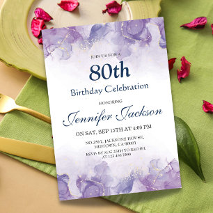 Elegant modern purple & gold floral 80th birthday invitation
