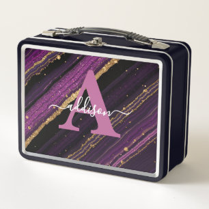 Elegant Modern Purple Gold Glitter Agate Monogram Metal Lunch Box