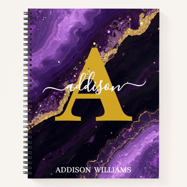 Elegant Modern Purple Gold Glitter Agate Monogram Notebook (Front)