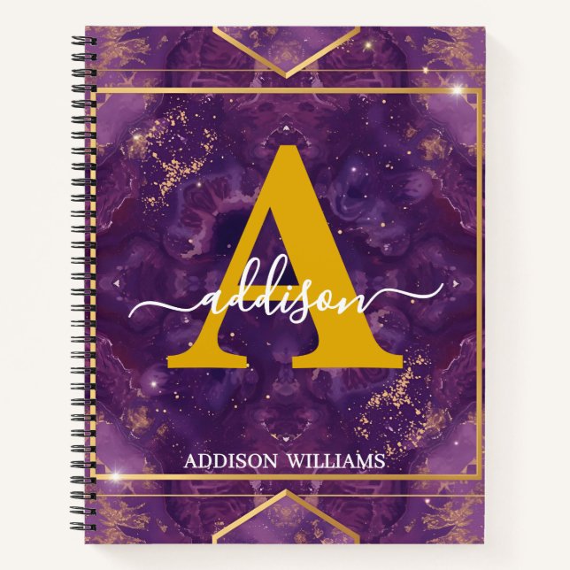 Elegant Modern Purple Gold Glitter Agate Monogram Notebook (Front)