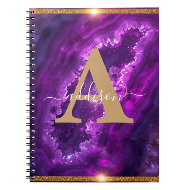 Elegant Modern Purple Gold Glitter Agate Monogram Notebook (Front)