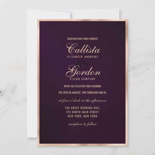 Elegant Modern Purple Gold Metallic Border Wedding Invitation (Front)