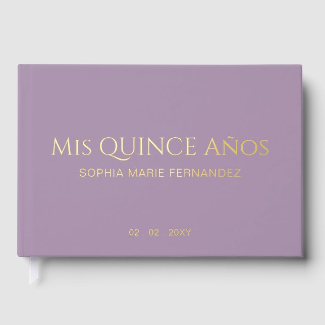 Elegant Modern Purple Gold Photo Quinceañera Guest Book (Front)