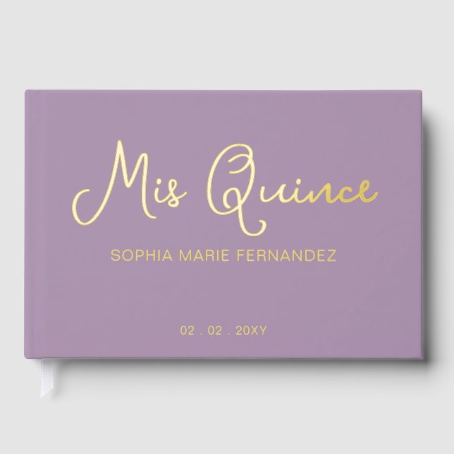 Elegant Modern Purple Gold Photo Quinceañera Guest Book (Front)