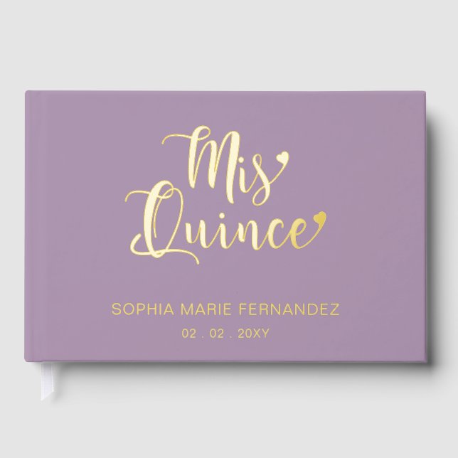 Elegant Modern Purple Gold Quinceañera Guest Book (Front)