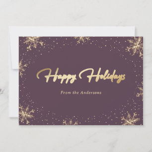 Elegant Modern Purple Gold Snowflake Holiday Card