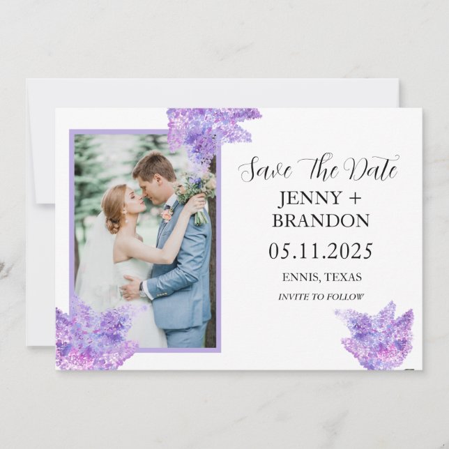 Elegant Modern Purple Lilac Floral Photo Wedding Save The Date (Front)