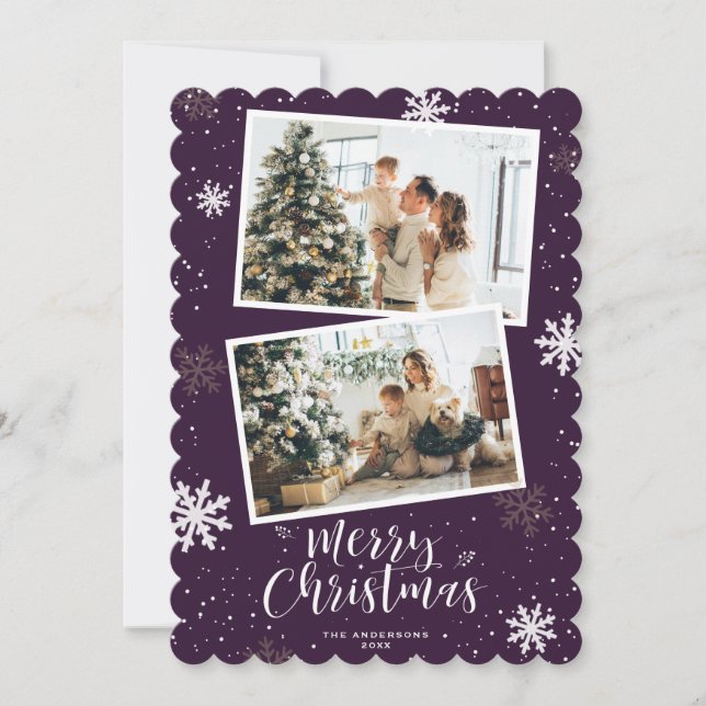 Elegant Modern Purple Merry Christmas 2 Photo Holiday Card (Front)
