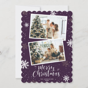 Elegant Modern Purple Merry Christmas 2 Photo Holiday Card