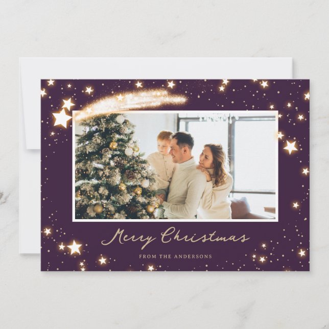 Elegant Modern Purple Photo Merry Christmas Card (Front)