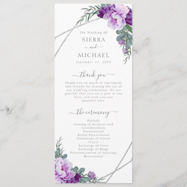 Elegant Modern Purple & Silver Floral Wedding Programme (Front)