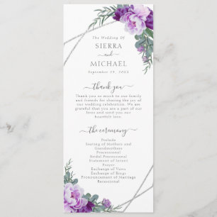 Elegant Modern Purple & Silver Floral Wedding Programme