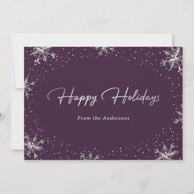 Elegant Modern Purple Silver Snowflake Holiday Card (Front)