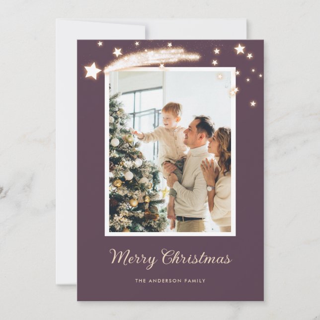 Elegant Modern Purple Stars Photo Christmas Cards (Front)