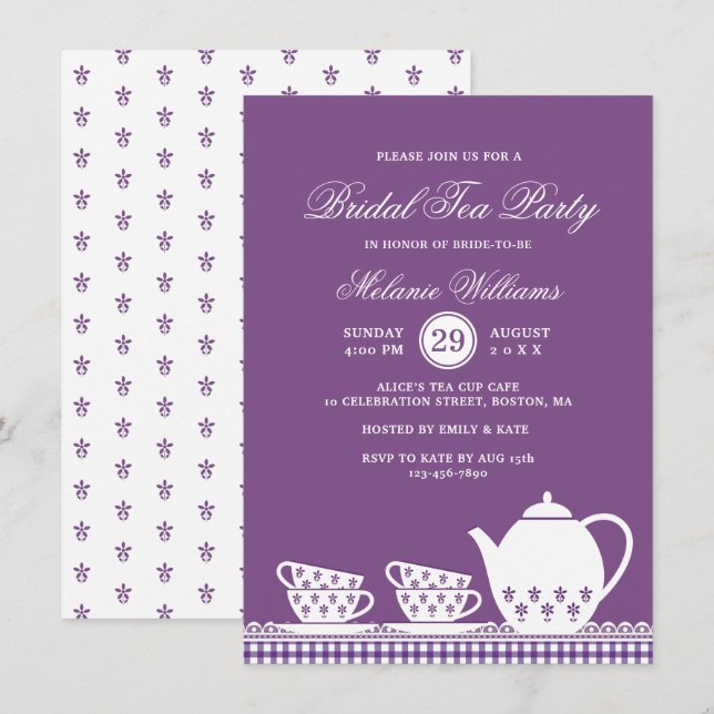 Elegant Modern Purple Tea Party Bridal Shower Invitation (Front/Back)