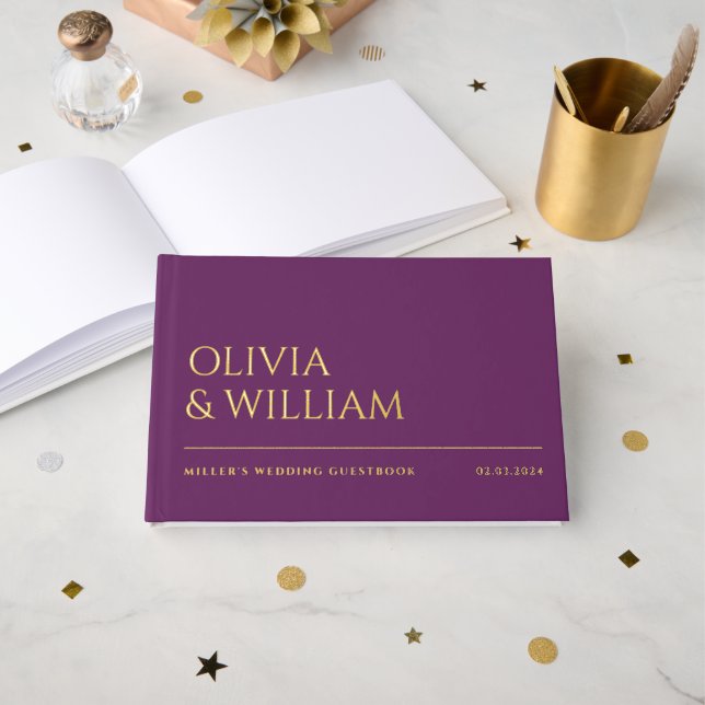 Elegant Modern Purple Typography Wedding Foil Guest Book (Front Open)