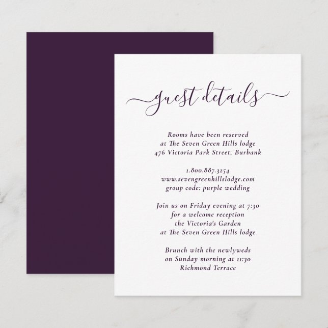 Elegant Modern Purple Wedding Details Enclosure Card (Front/Back)